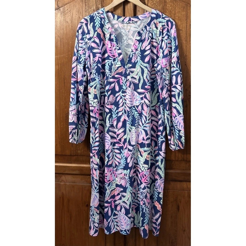 Lilly Pulitzer Kierna Dress Knee Length Oyster Bay Navy Cotton Jersey Large